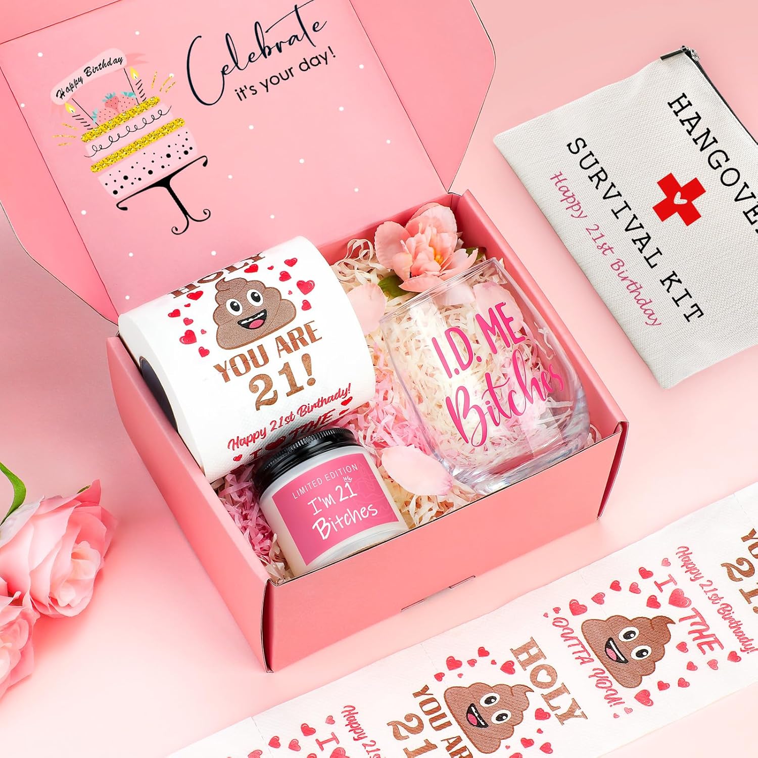Skiennix 21st Birthday Gifts for Her | Unique & Funny 21-Year-Old Gift Set - Wine Glass, Candle & Makeup Bag