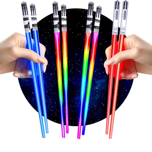 Lightsaber Chopsticks Light Up - LED Glowing Light Saber Chop Sticks - Reusable Sushi Lightup Sabers Chopstick Set Of 4 Pairs - 8 Changing Color Modes