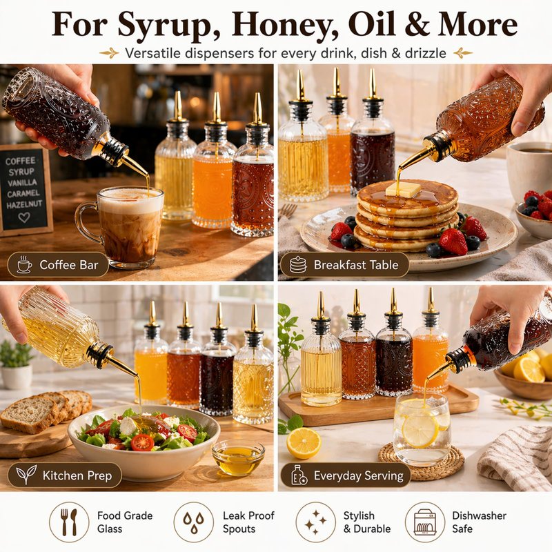 ChezMax Syrup Dispenser Bottles Set of 4, Simple Syrup Bottle for Coffee Bar Accessories, 7 oz Glass Coffee Syrup Dispenser Syrup Containers for Maple Honey Syrup Oil, with Metal Pour Spouts & Labels