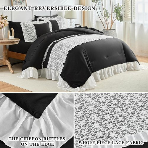 Joyreap Lace Ruffle Bed in a Bag Black, Twin Size 6pcs Chiffon Ruffled Comforter Sheet Set, Princess Style Luxury Microfiber Bedding Comforter Set for All Season