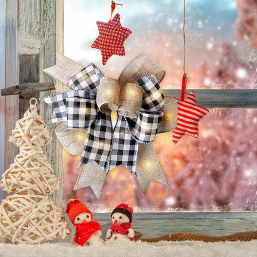 Buffalo Plaid LED Christmas Wreath Bow by [Brand Name] - Rustic Black & White Burlap Design (9.5 x 13 Inch)