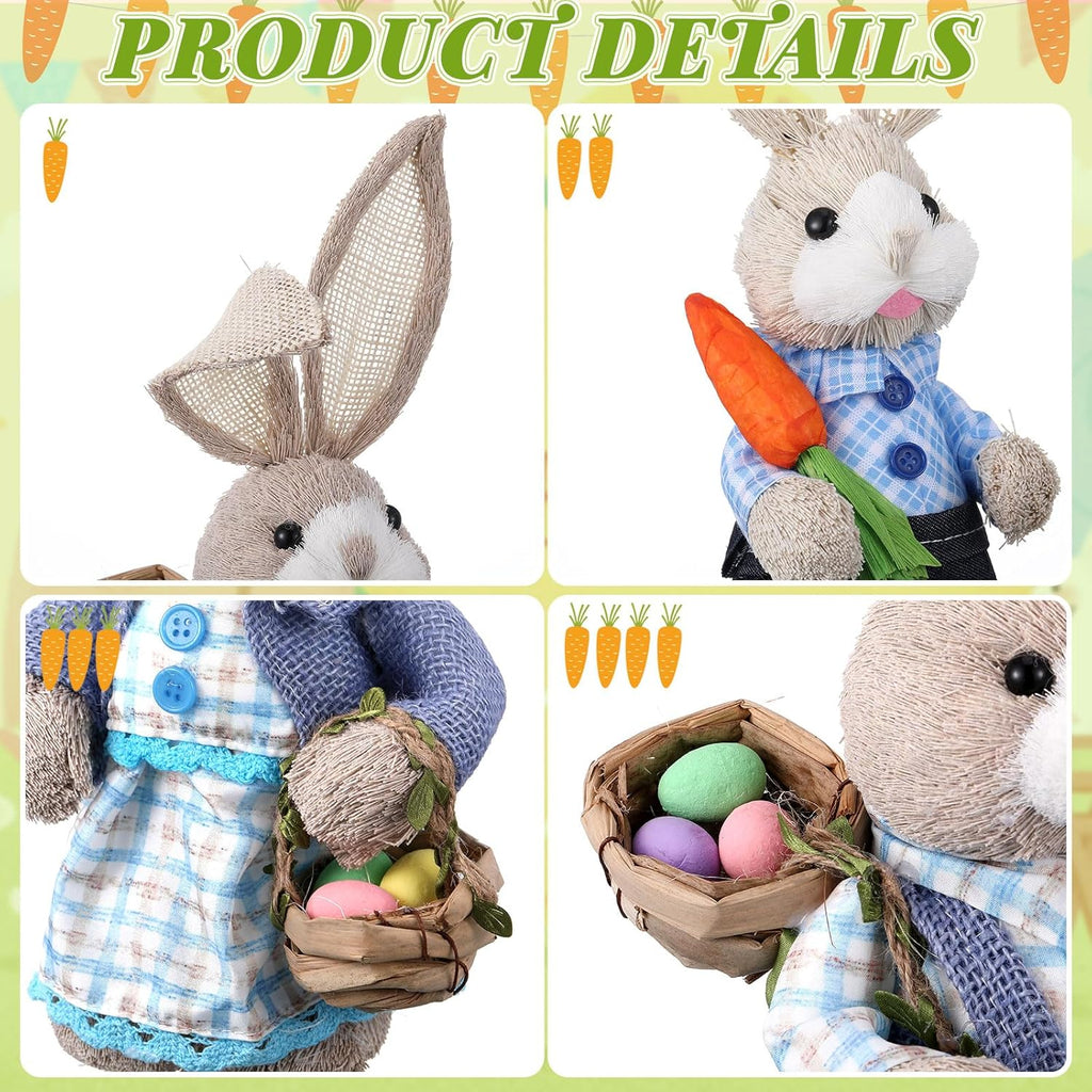 Wesiti Easter Bunny Decorations - Set of 3 Natural Sisal Straw Figurines | 13.8" & 9.8" Tabletop Statues