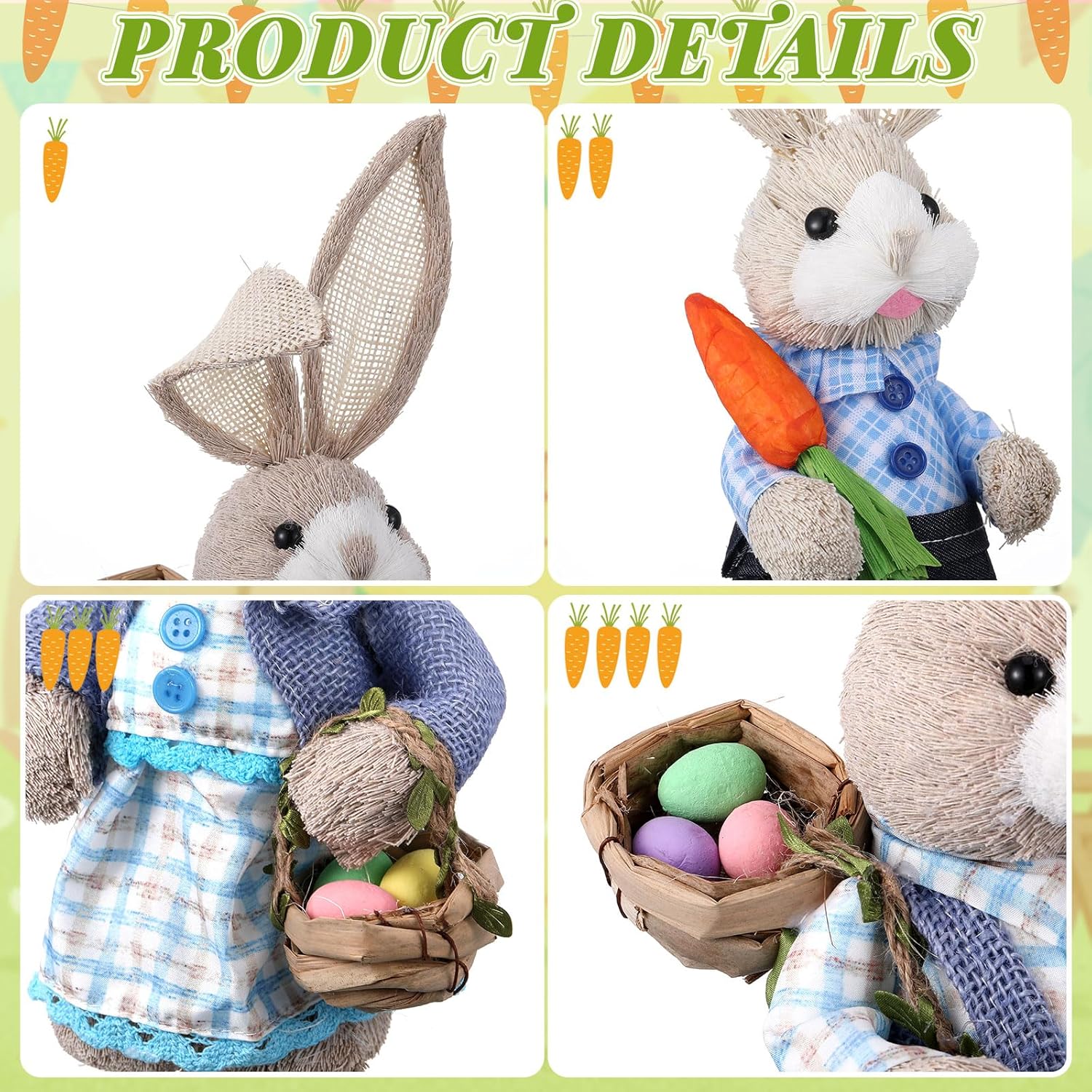 Wesiti Easter Bunny Decorations - Set of 3 Natural Sisal Straw Figurines | 13.8" & 9.8" Tabletop Statues