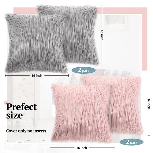 Irenare 4 Pack Faux Fur Throw Pillow Covers Square Cushion Cover Fuzzy Pillow Case Soft Decorative Pillowcase for Sofa, Couch, Chair, Bed, 16 x 16 Inch (Pink, Gray)
