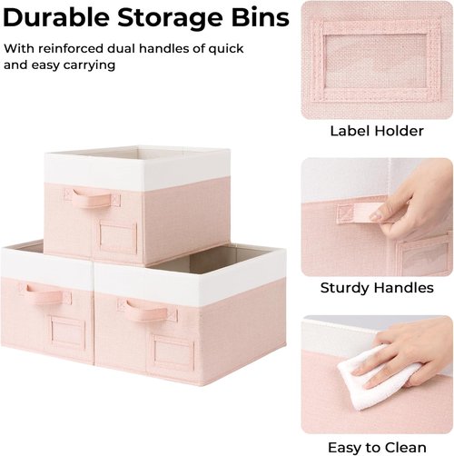 Granny Says Storage Baskets - Decorative Fabric Bins for Organizing | Medium Pink & Ivory, 3-Pack