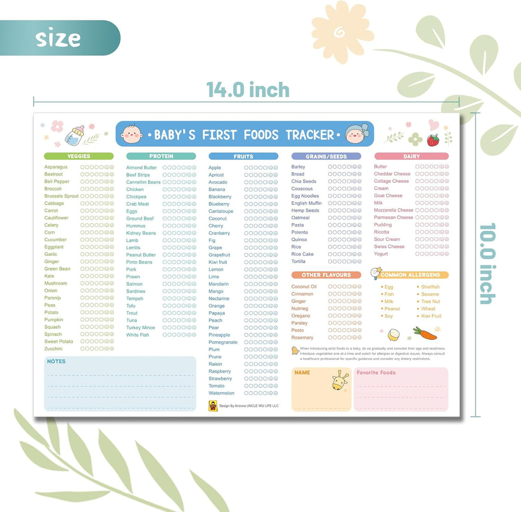 Uncle Wu First Foods Tracker Fridge Magnet - Dry Erase Baby Food Log & Activity Chart (10 x 14 Inch)