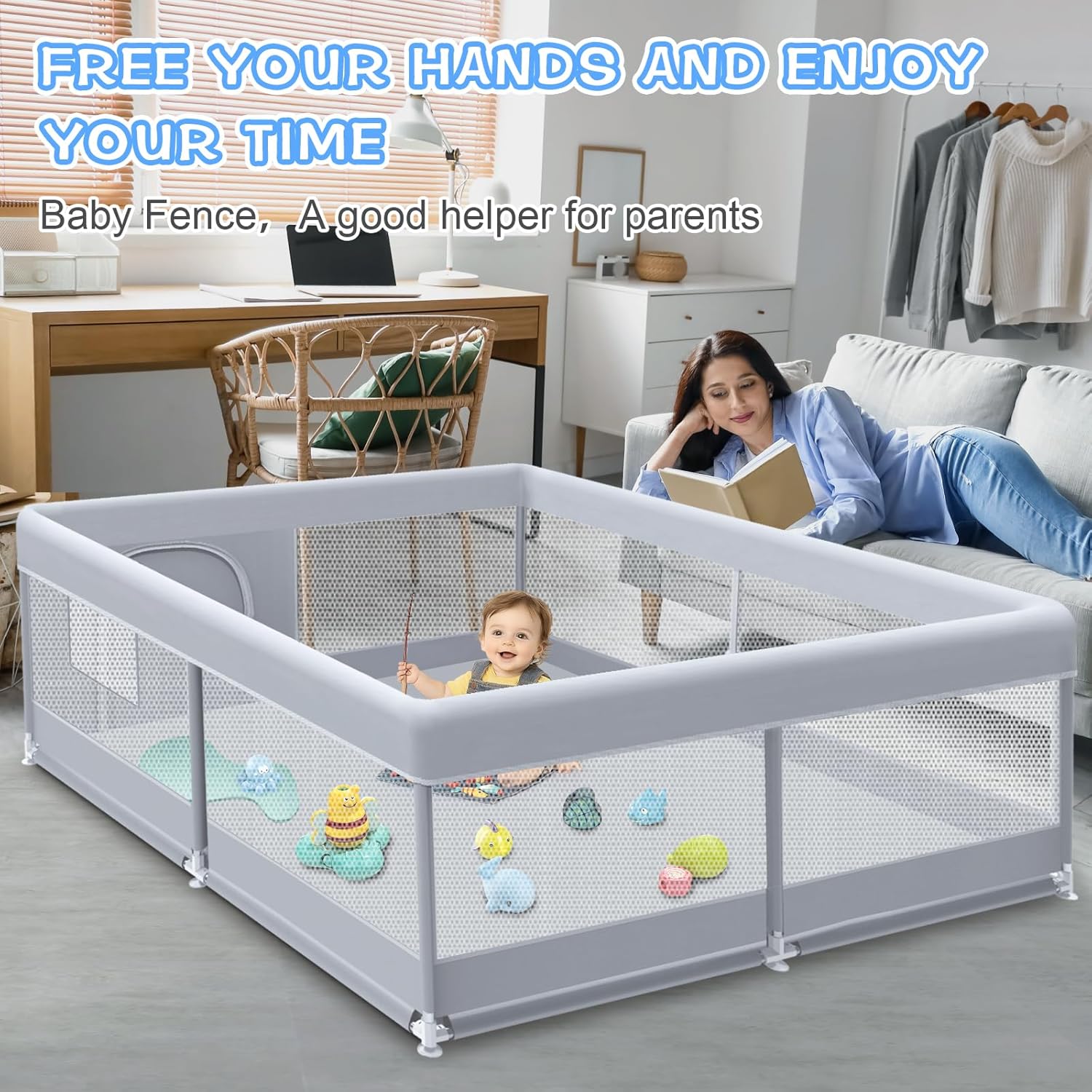 XVISHX Baby Playpen - 50 x 50 Inch Indoor & Outdoor Playard with Soft Breathable Mesh - Grey