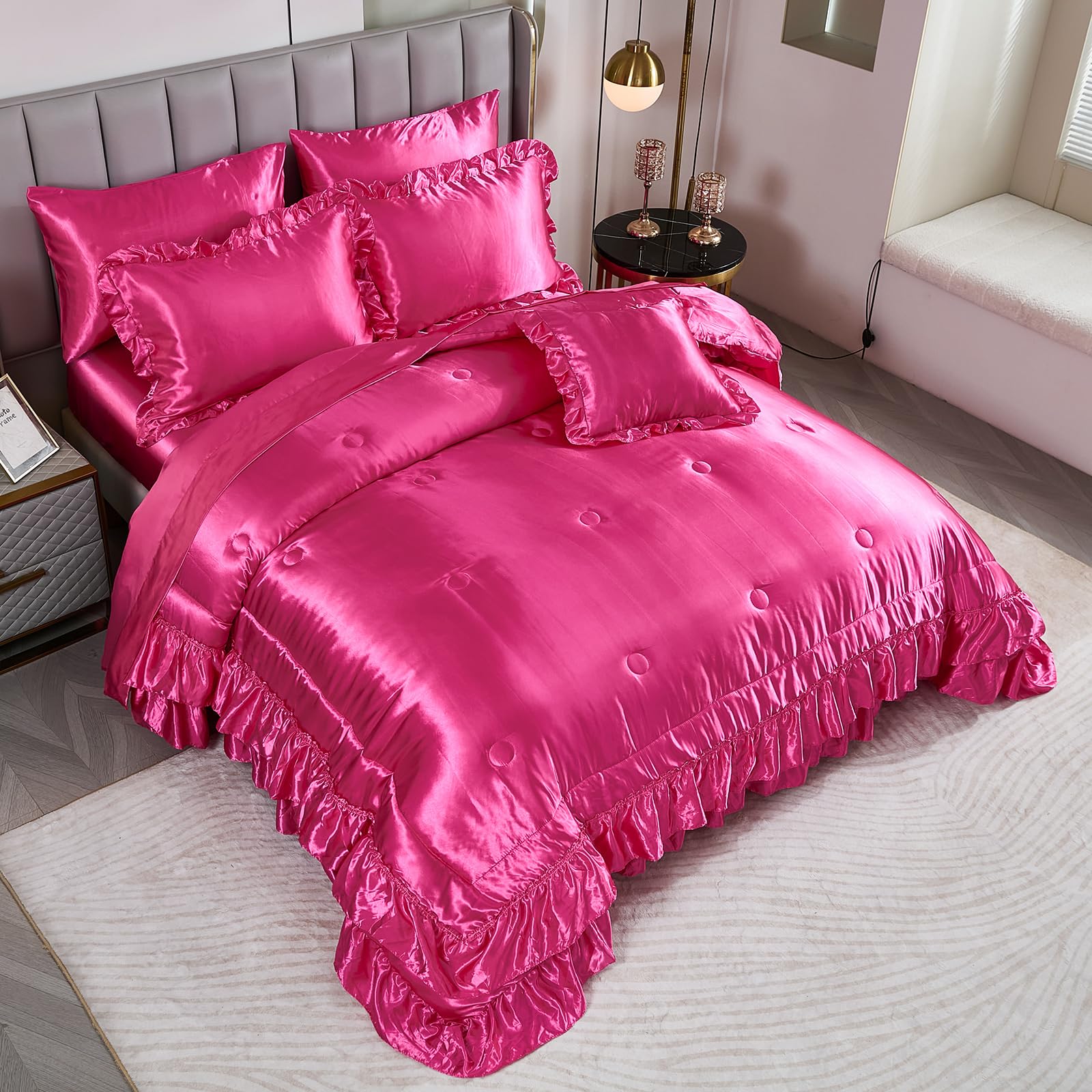 Satin Comforter Set with Sheets,Queen Bed Set,Hot Pink Comforter Set,Bed Room Decor Aesthetic,Silk Like Satin Bedding,8-Piece Ruffle Comforter Bed in a Bag Set, Pink Aesthetic Bedding Set