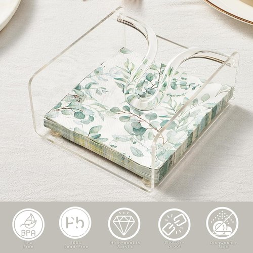 Clear Acrylic Square Cocktail Napkin Holder (5.1"x5.5"), Unbreakable Plastic Napkin Dispenser with Weighted Arm and Non-Slip Pads, Kitchen, Dining Table, Bathroom Vanity, Shatterproof BPA-free