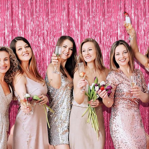 Foil Curtain Backdrop by [Brand Name] - Pink Metallic Tinsel Fringe for Photo Booths | 5 Pack Party Decorations