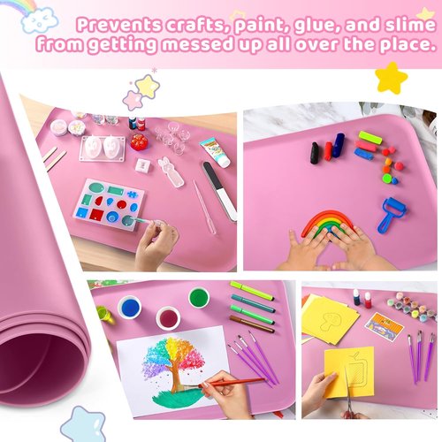 AtMini Silicone Craft Mat for Kids - 24"x16" Non-Slip & Raised Lip | Reusable Art Mat for Sand, Painting, DIY Crafts | Durable Pink Design