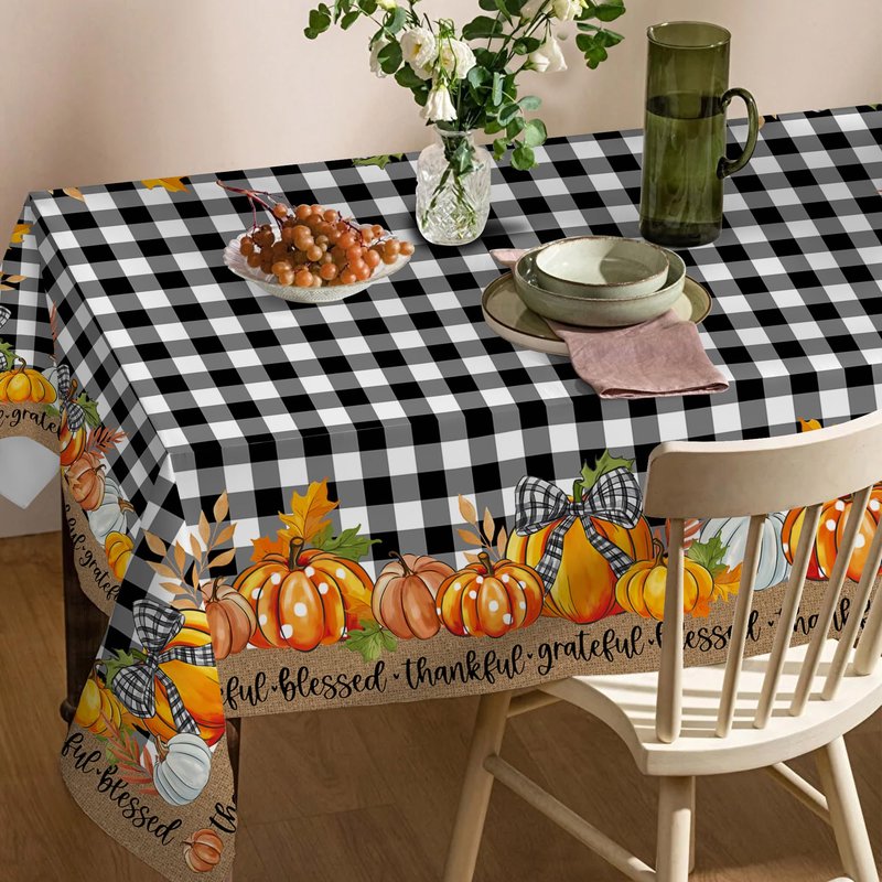 cusugbaso Fall Square Tablecloth 52x52 Inches, Black Plaid Pumpkins Fall Decorations for Home - Water Resistant Thanksgiving Table Cloth Rectangle for Party, Dinner, Indoor