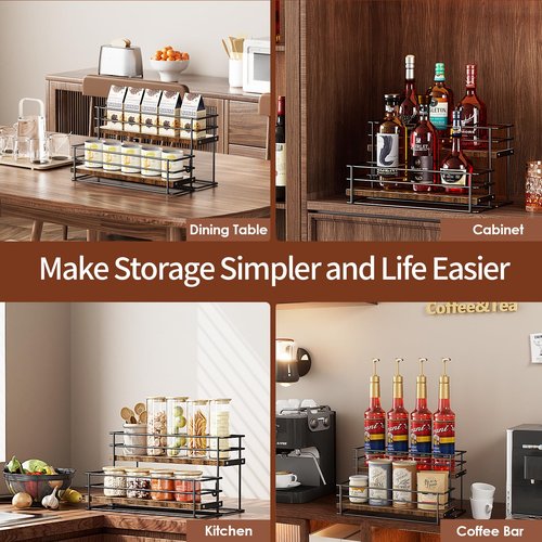 Nuovoware Coffee Syrup Organizer, 2-Tier 8 Bottles Organizer, Separable Metal Rack with Wooden Base Whiskey Wine Dressing for Countertop Kitchen Bar, Black