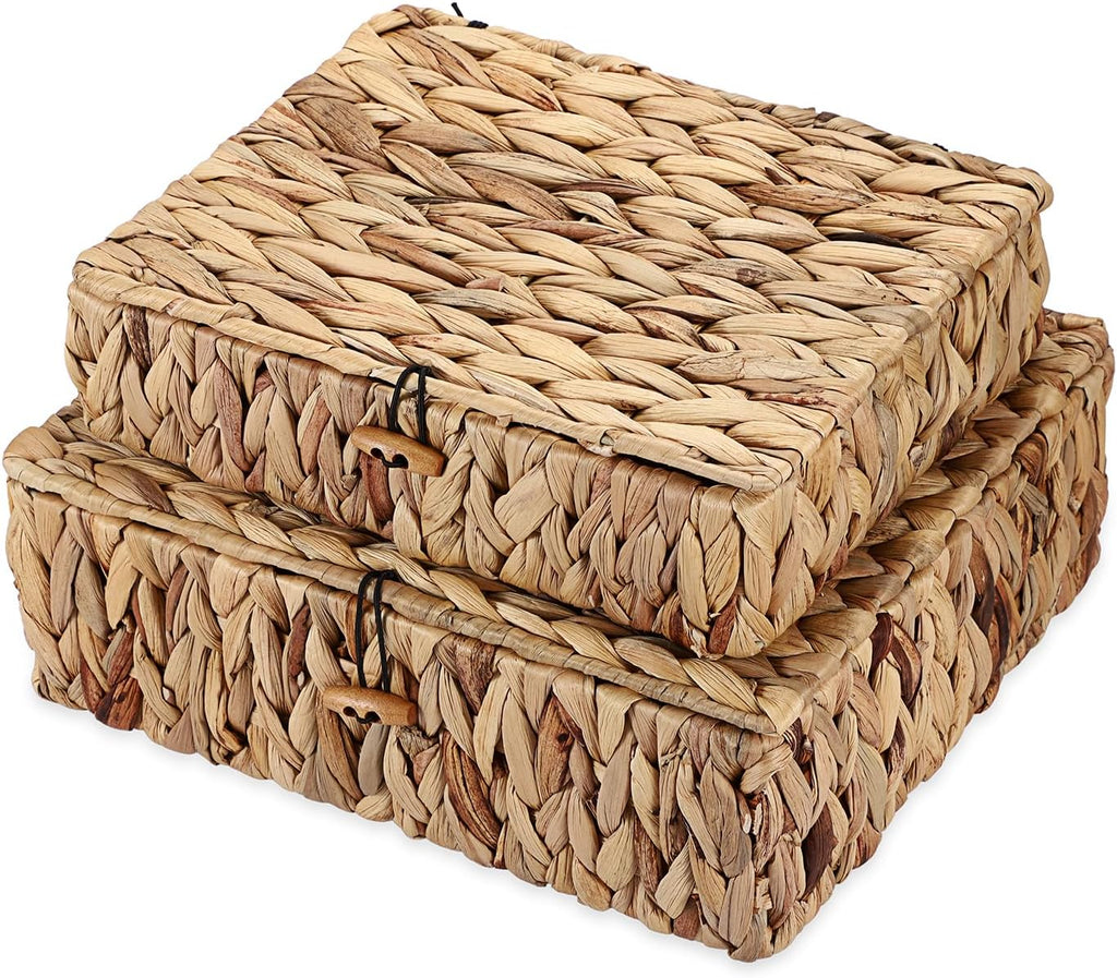 Regine Switzerland Handwoven Shelf Basket Set - Natural Water Hyacinth Bins with Lids for Stylish Home Organization