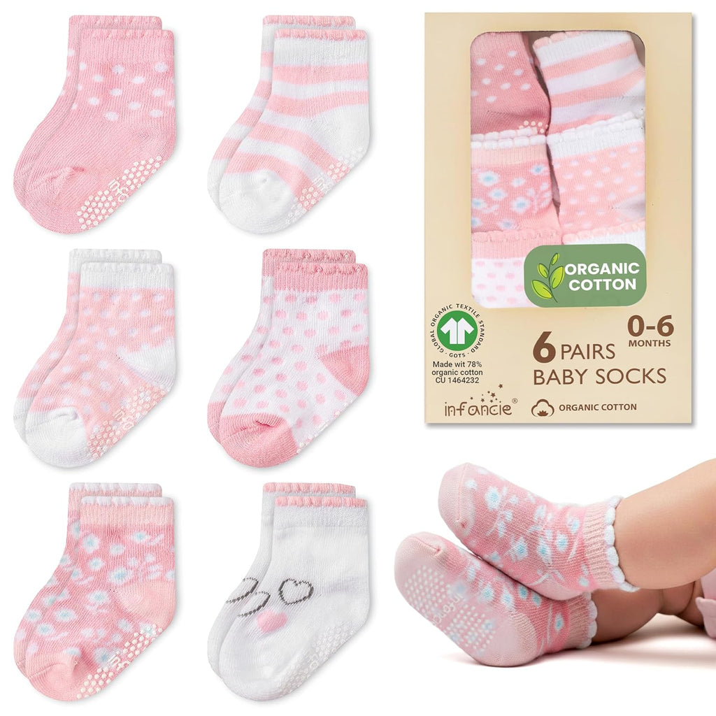 Skiennix Organic Cotton Baby Socks - GOTS Certified, Soft & Breathable | 6 Pairs for Newborn Girls 0-6 Months