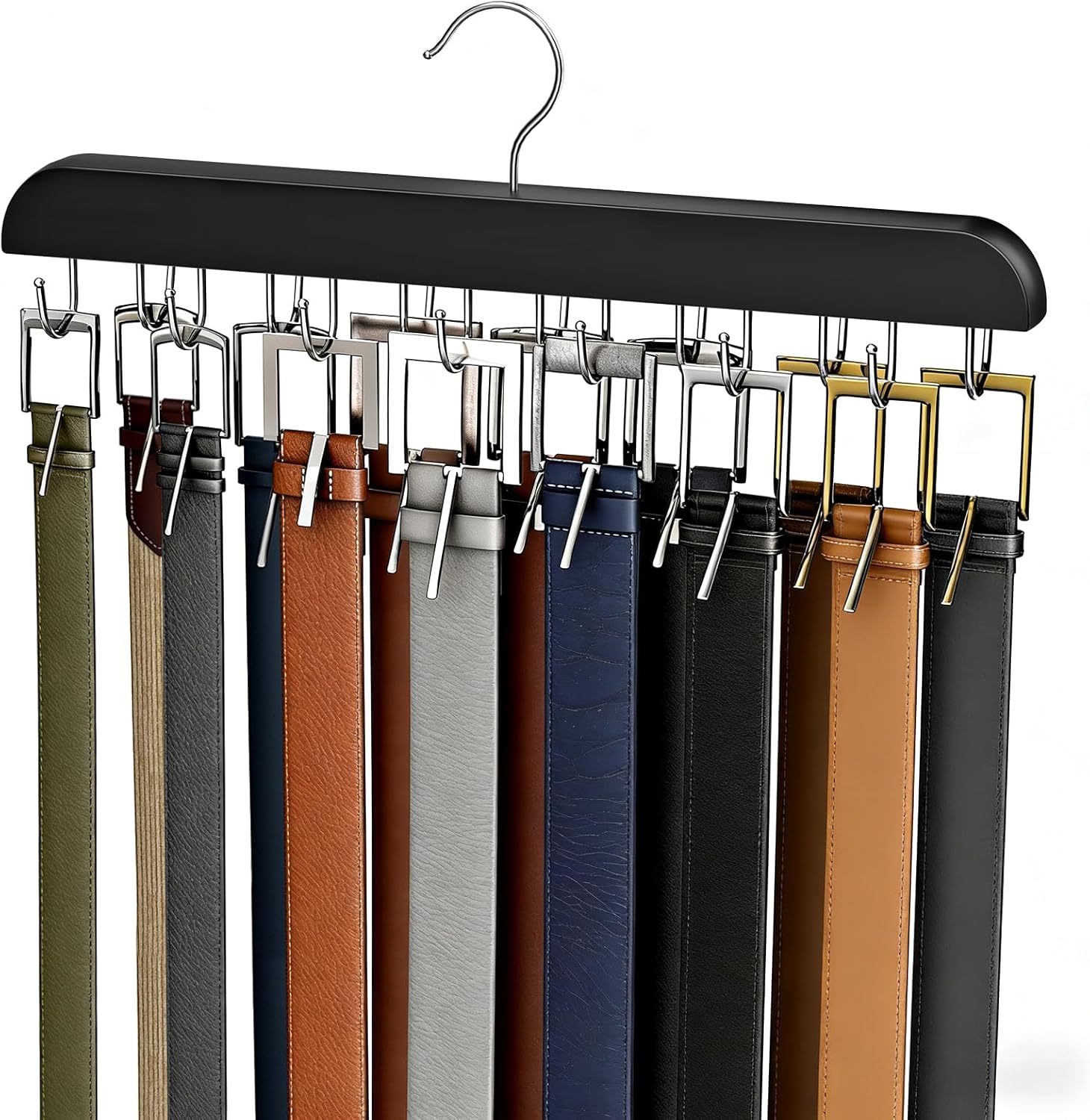 Skiennix Belt Hanger | Sturdy Wood Belt Rack Organizer with 14 Hooks - Black, Max 42 Belts Capacity