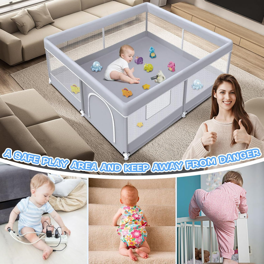 XVISHX Baby Playpen - 50 x 50 Inch Indoor & Outdoor Playard with Soft Breathable Mesh - Grey