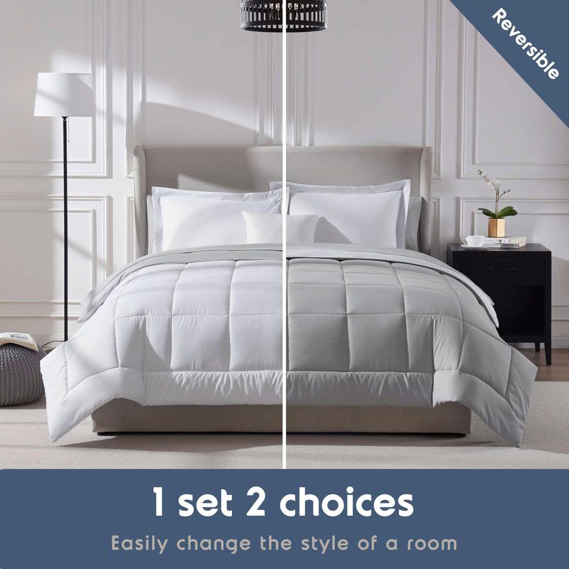 Nestl 7 Piece Queen Comforter Set – White Reversible Bed in a Bag – Complete Queen Size Bedding Set with Sheets, Pillowcases and Shams