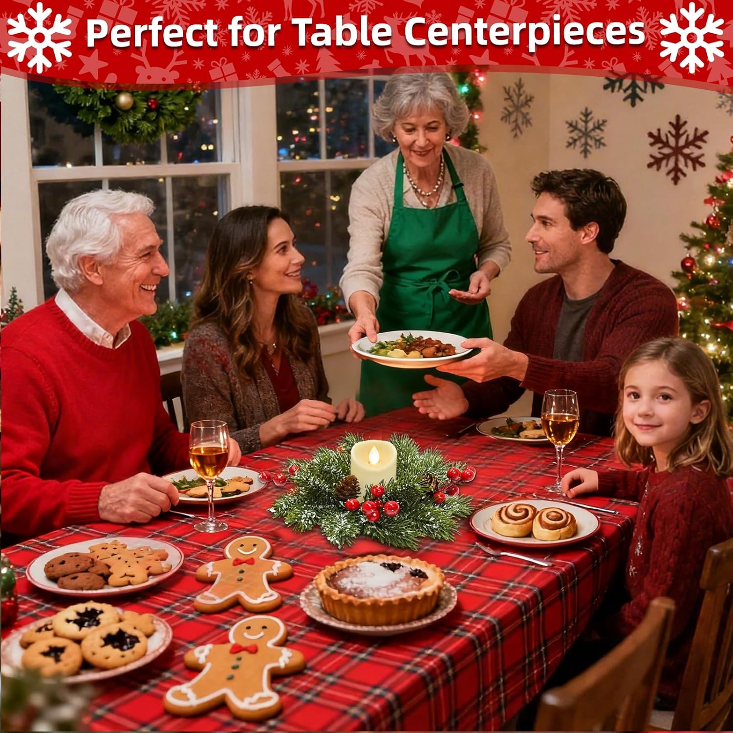 Skiennix 4 Pcs Christmas Candle Rings - Flocked Pine & Red Berry Decor for Holiday Centerpieces