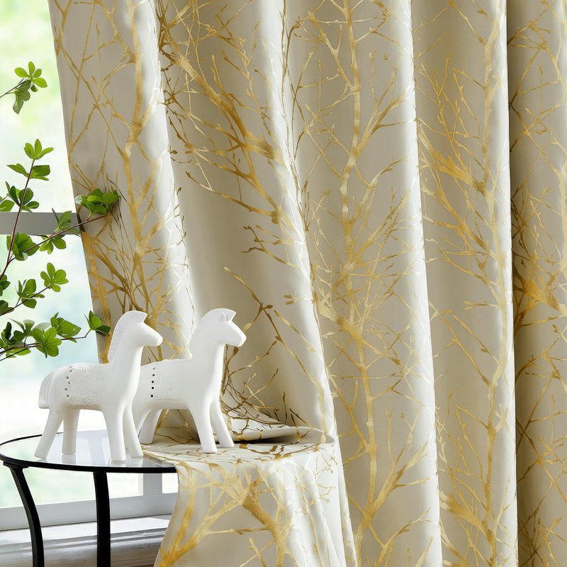 FMFUNCTEX 100% Blackout Curtains for Bedroom, Curtains 96 Inches Long Gold Ivory Tree Branch Thermal Curtain Drapes for Living Room Darkening Window Curtains,Farmhouse Curtain Grommet Top 2 Panels