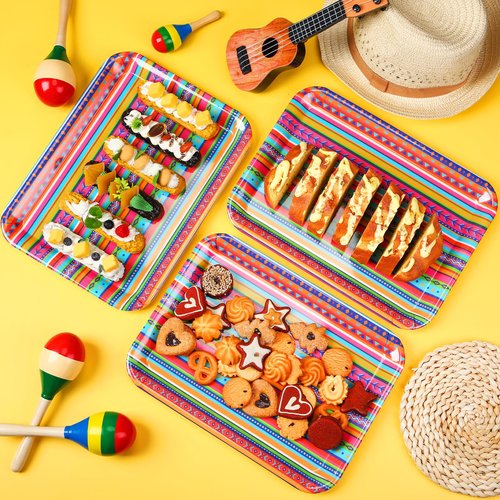 Zubebe Set of 3 Cinco De Mayo Serving Trays 13" x 10" - Mexican Party Decorations, Fiesta Supplies, Reusable Large Boho Rainbow Platter for Festivals