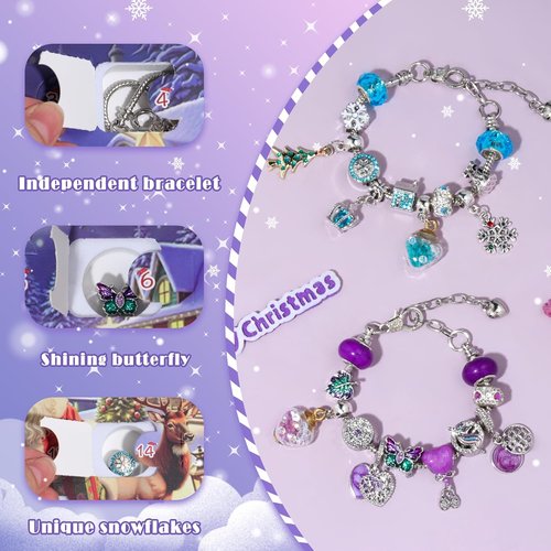 Advent Calendar 2025 - Kids' Christmas Countdown with 22 DIY Charm Beads & 2 Bracelets | Purple