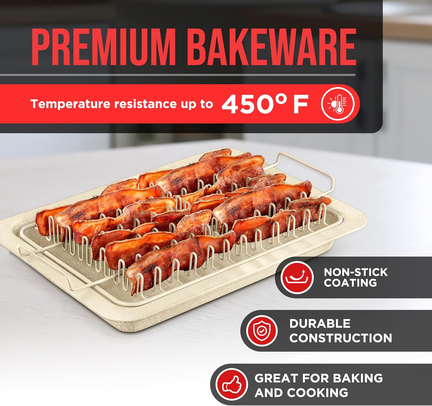 Skiennix Bacon Tray Set - Durable Non-Stick Cooking Tray with Marble Coating - White Stone & Carbon Steel