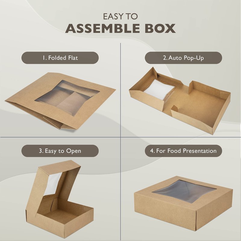 Fit Meal Prep 25 Pack 9 x 9 x 2.5 Inches Pie Boxes with Window, Square Kraft Pastry Boxes, Auto Pop-up Brown Boxes for Cookies, Cakes, Muffins, Dessert