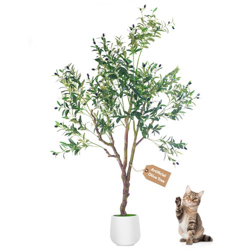 BLATOMIC Olive Trees Artificial Indoor, 6FT Tall Faux Olive Tree with White Tall Planter, Artificial Plants with Natural Wood Trunk and Lifelike Fruits, Large Olive Plants for Home Office Decor
