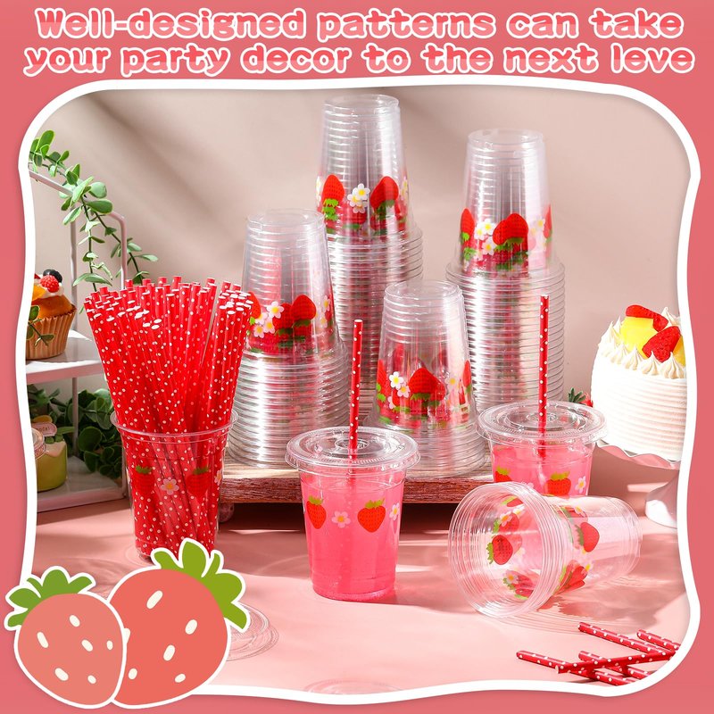 Blushtier 100 Set 12 oz Strawberry Disposable Plastic Cups with Lids and Straws Clear Strawberry Cups for Juice Water Coffee Tea Birthday Summer Fruit Party Supplies (Red)