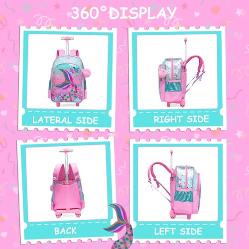 ZBAOGTW Mermaid Rolling Backpack for Girls with Lunch Box Kids Backpack with Wheels for School Cute Kids Rolling Backpacks for Girls Kindergarten