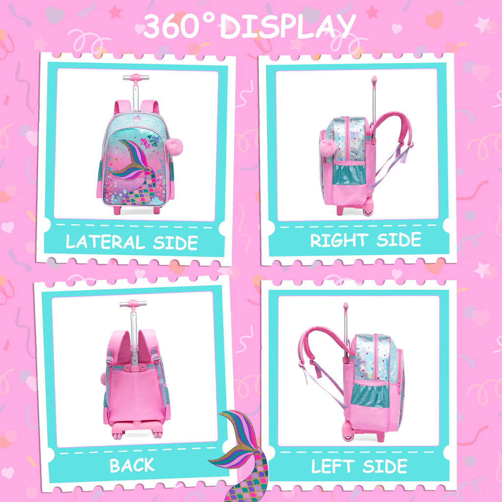ZBAOGTW Mermaid Rolling Backpack for Girls with Lunch Box Kids Backpack with Wheels for School Cute Kids Rolling Backpacks for Girls Kindergarten