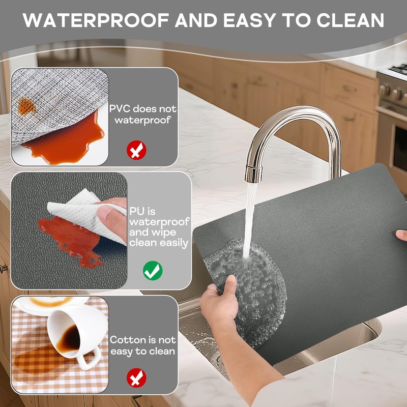 APLKER Vinyl Placemats Set of 6, Waterproof Faux Leather Heat Resistant Kitchen Place Mats, Wipeable Dining Table Place Mats and Coasters for Kitchen, Dining, Decor, Outdoor (Gray)
