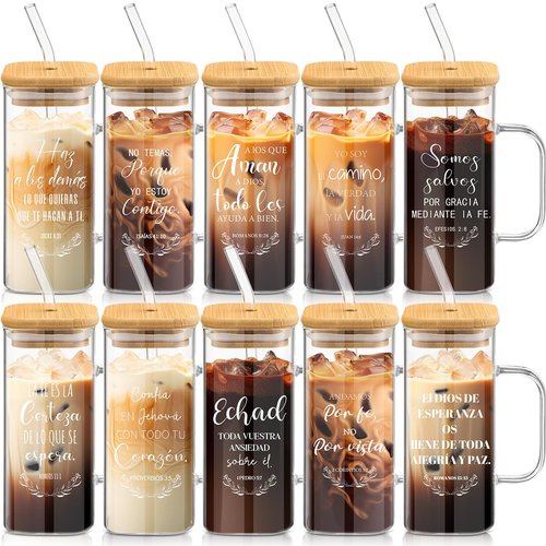 Sunnychicc 10 Pcs Christian Glass Cup with Handle Lid Straw Brush and Sleeve 13.5oz Bible Verse Coffee Cup Inspirational Religious Tumbler Gift for Women Men Employee Office(Spanish)