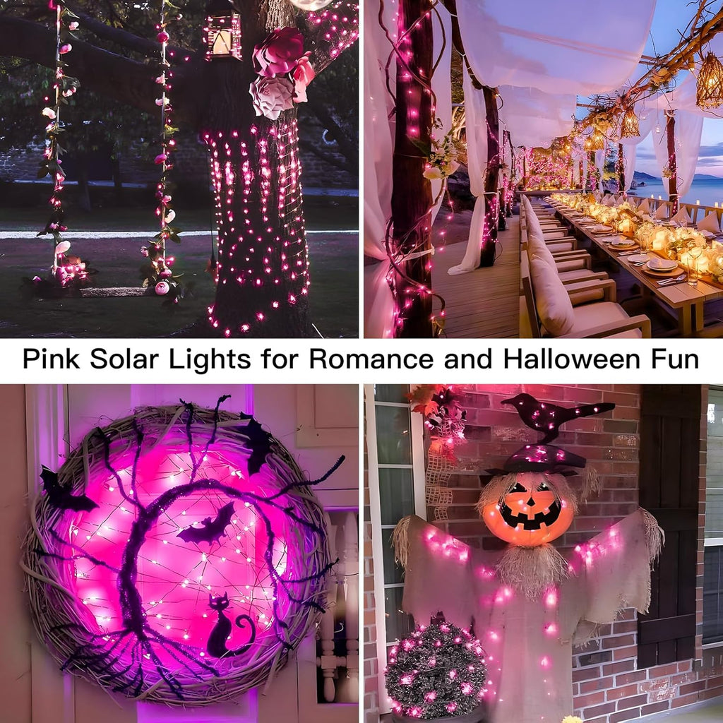 Suddus Pink Solar String Lights - 66ft 200 LED Fairy Lights | 8 Modes for Outdoor Halloween Decor