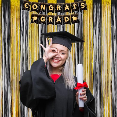 Melsan Graduation Decorations 2026 - Foil Fringe Curtains | 3 Pack Black Tinsel Backdrop 3.2 x 8.2 ft