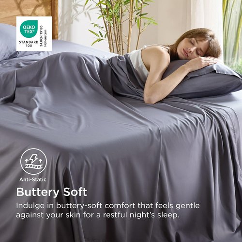 Bedsure California King Sheet Sets - Cooling Rayon Bamboo Sheets | Breathable, Soft & Deep Pocket, Dark Grey