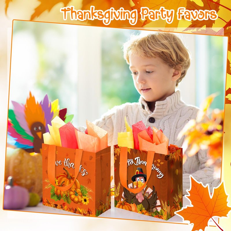 Sweetude 36 Pack Thanksgiving Gift Bags with Handles Reusable Thanksgiving Tote Bags with Tissue Paper Non-woven Fall Autumn Pumpkin Turkey Maple Leaf Turkey Gnome for Party Favor Supplies