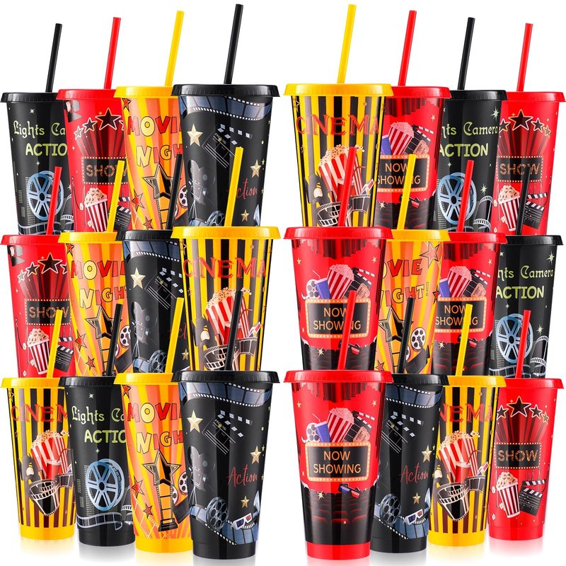 Sweetude 12 Pcs Movie Night Cups Movie Night Party Supplies Favors Movie 24oz Cups with Lid and Straw Disposable Plastic Cups for Movie Party Decorations Birthday Party Favors