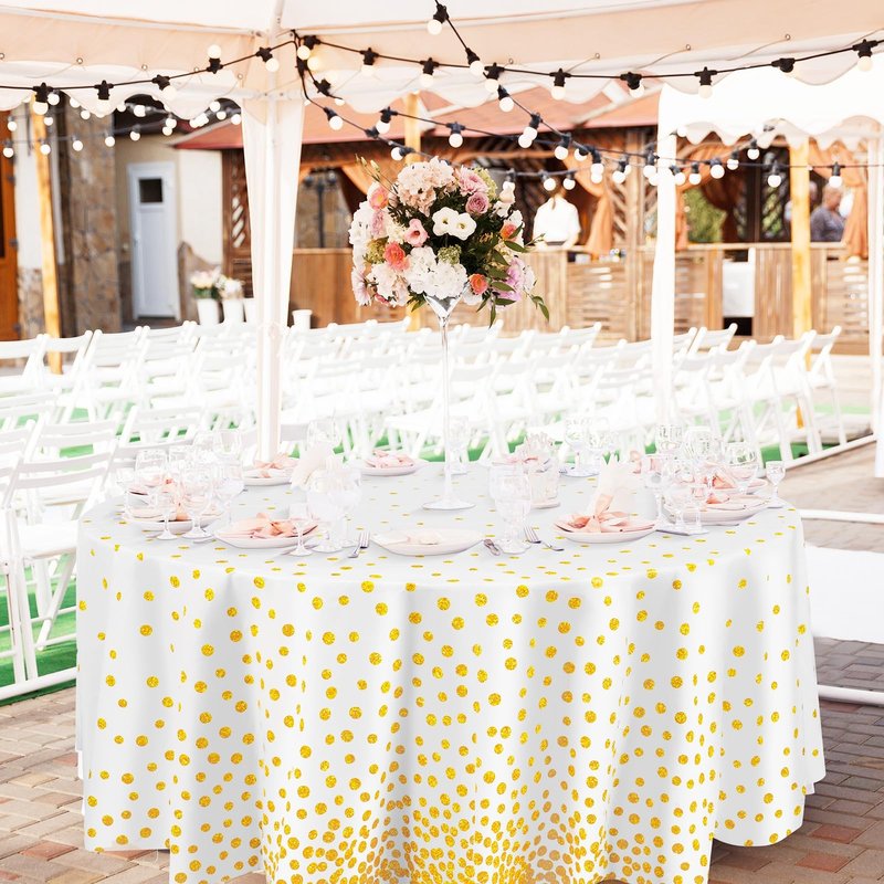 Newwiee 3 Pcs Round Dot Tablecloth 84 Inch Plastic Table Cover Graduation Confetti Tablecloths for Grad Wedding Bridal Shower Birthday Spring Graduate Party Decor (White and Gold Dots)