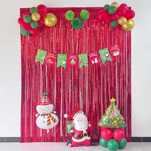 Melsan Red Tinsel Fringe Backdrop - 3.2 x 8 Ft Metallic Foil Curtains for Parties & Photo Booths | 2 Packs