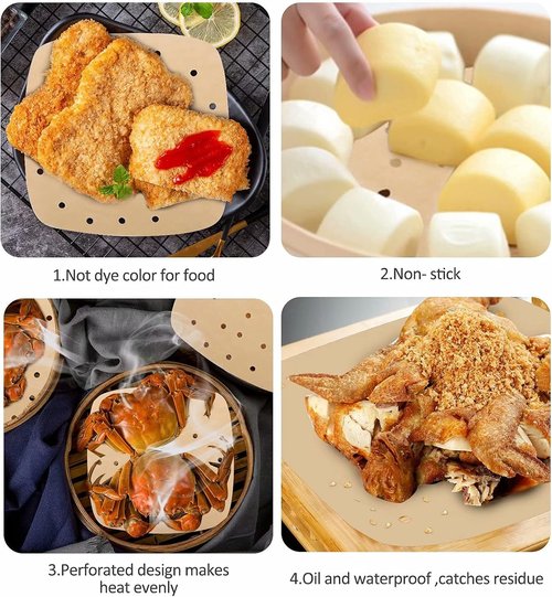 Air Fryer Parchment Paper Liners - 200PCS 8.5-Inch Square Perforated Bamboo Steamer Liners