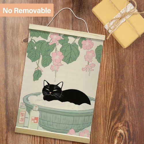 LETUROIA Japanese Cat Bathroom Poster Frame - Black Cat Aesthetic Canvas Wall Art (12x16") for Home Spa Decor