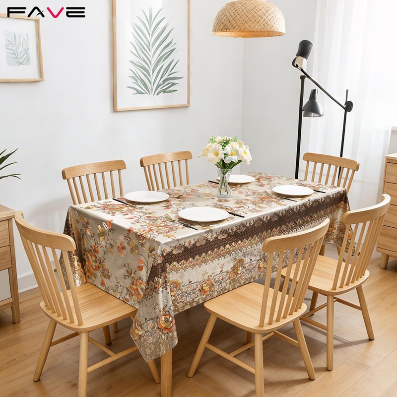 FAVE Peony Gold Tablecloths Vinyl Tablecloth for Kitchen Dining Table Wipeable PVC Tablecloth Cover for Rectangle Table for Wedding, Banquet, Birthday, Party, Restaurant Decorations（Gold,55”x87”）