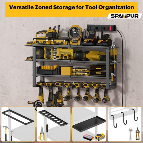 Spampur Large Power Tool Organizer Wall Mount, 4-Tier Rack with Charging Station & 8 Drill Holders, Garage Workshop Tool Storage, Gift for Husband/Dad
