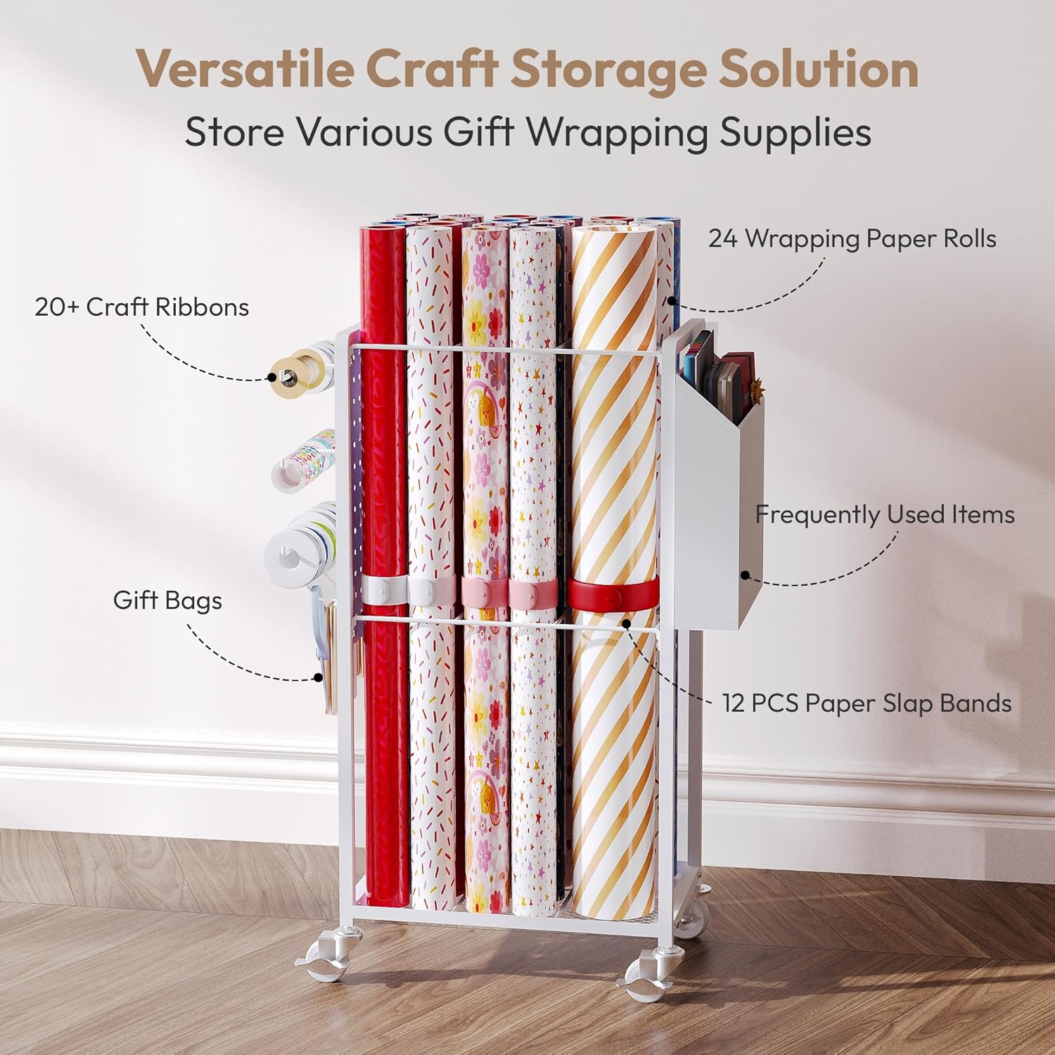 Skiennix Gift Wrapping Station - 12PCS Slap Bands & Rolling Paper Cart Organizer | Christmas Craft Storage