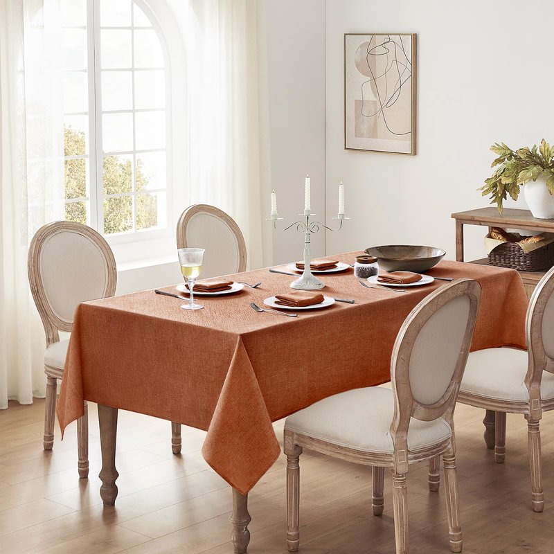 Softalker Fall Linen Textured Rectangle Tablecloth, Thanksgiving Waterproof Farmhouse Burlap Table Cloth, Stain Resistant Table Covers for Kitchen Dining Holiday Party (60 x 84, Burnt Orange)