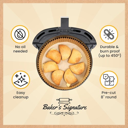 Baker's Signature Air Fryer Liners - 125 Pcs Round Disposable Non-Stick Paper | 8 Inch for 5-8 Qt Baskets