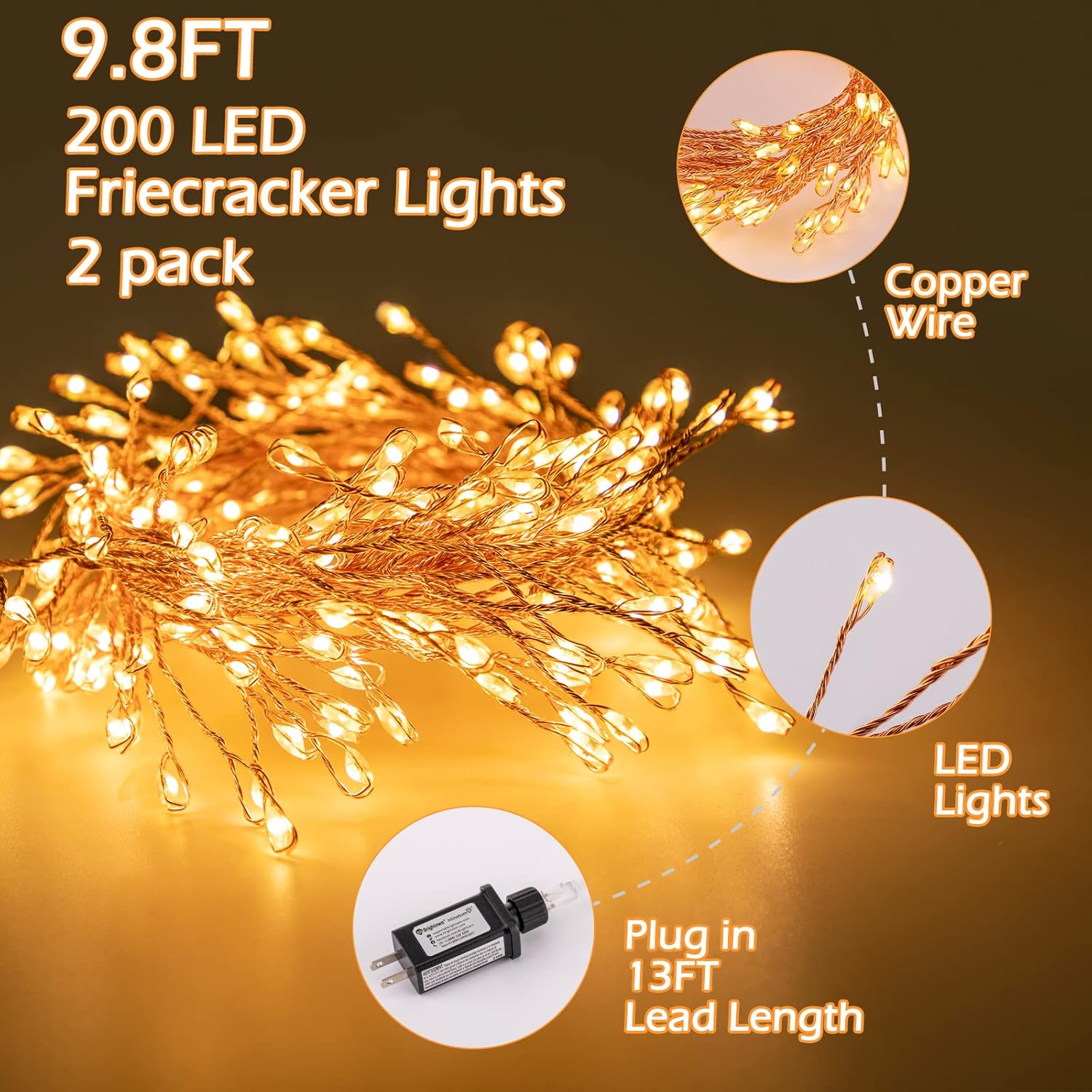 Skiennix Fairy Lights - 10Ft 200LED Waterproof Copper Wire String Lights for Bedroom & Wedding Decor - Warm White