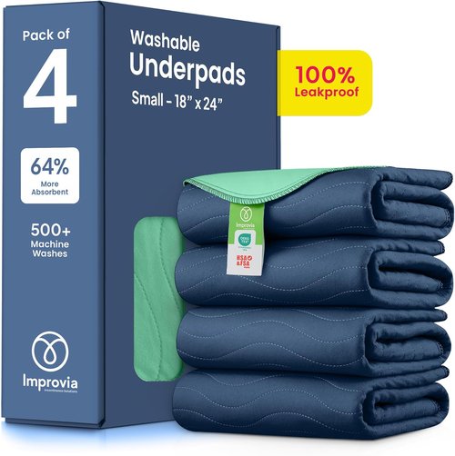 IMPROVIA® Washable Underpads - Heavy Absorbency Reusable Incontinence Pads for Kids & Adults | Waterproof Protection (Navy & Green, 18"x24", Pack of 4)